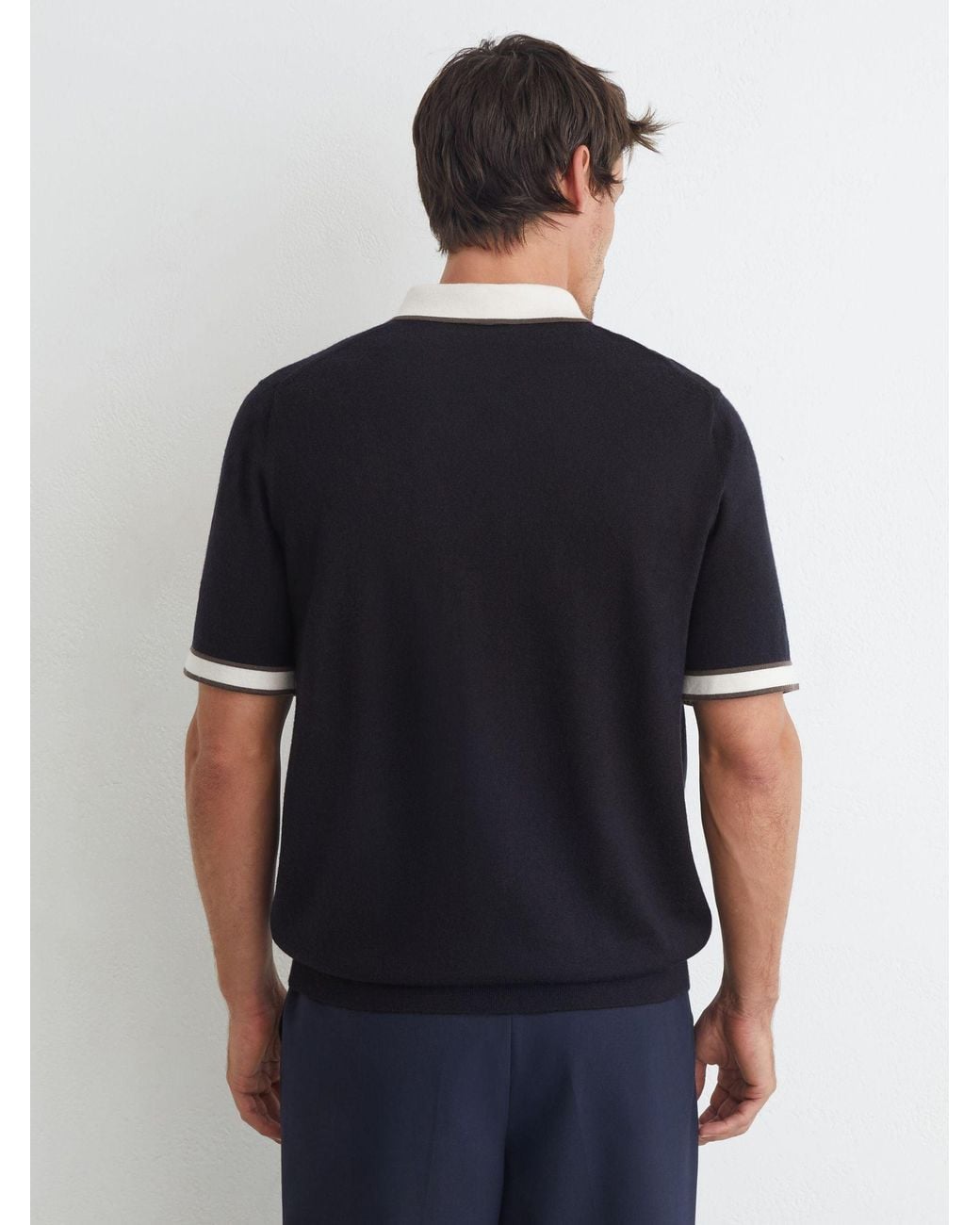 Reiss Black Merino Wool Contrast-Trim Polo Shirt for men