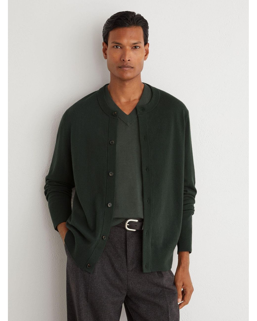 Reiss Green Wool-Cashmere Jersey-Knit Cardigan for men