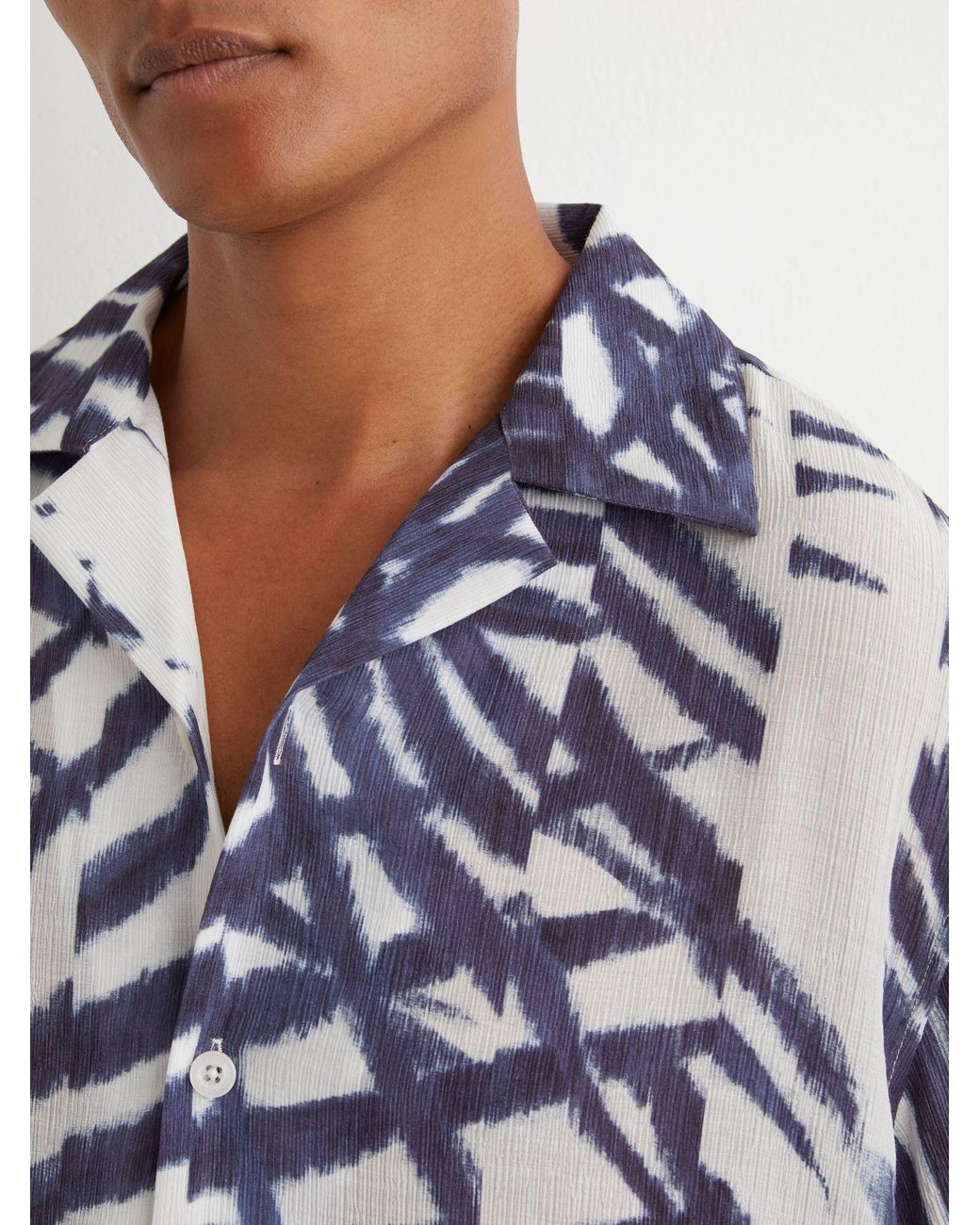 Reiss Blue Shindora - Navy/white Plissé Printed Cuban-collar Shirt, L for men