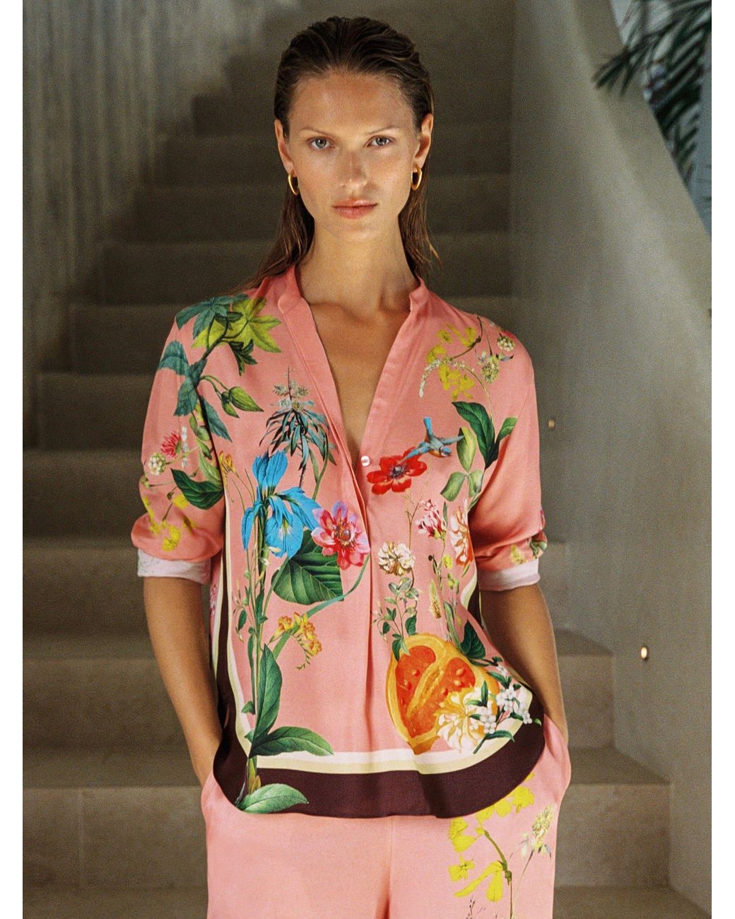 Reiss Pink Tropical Scarf-Print Half-Button Shirt