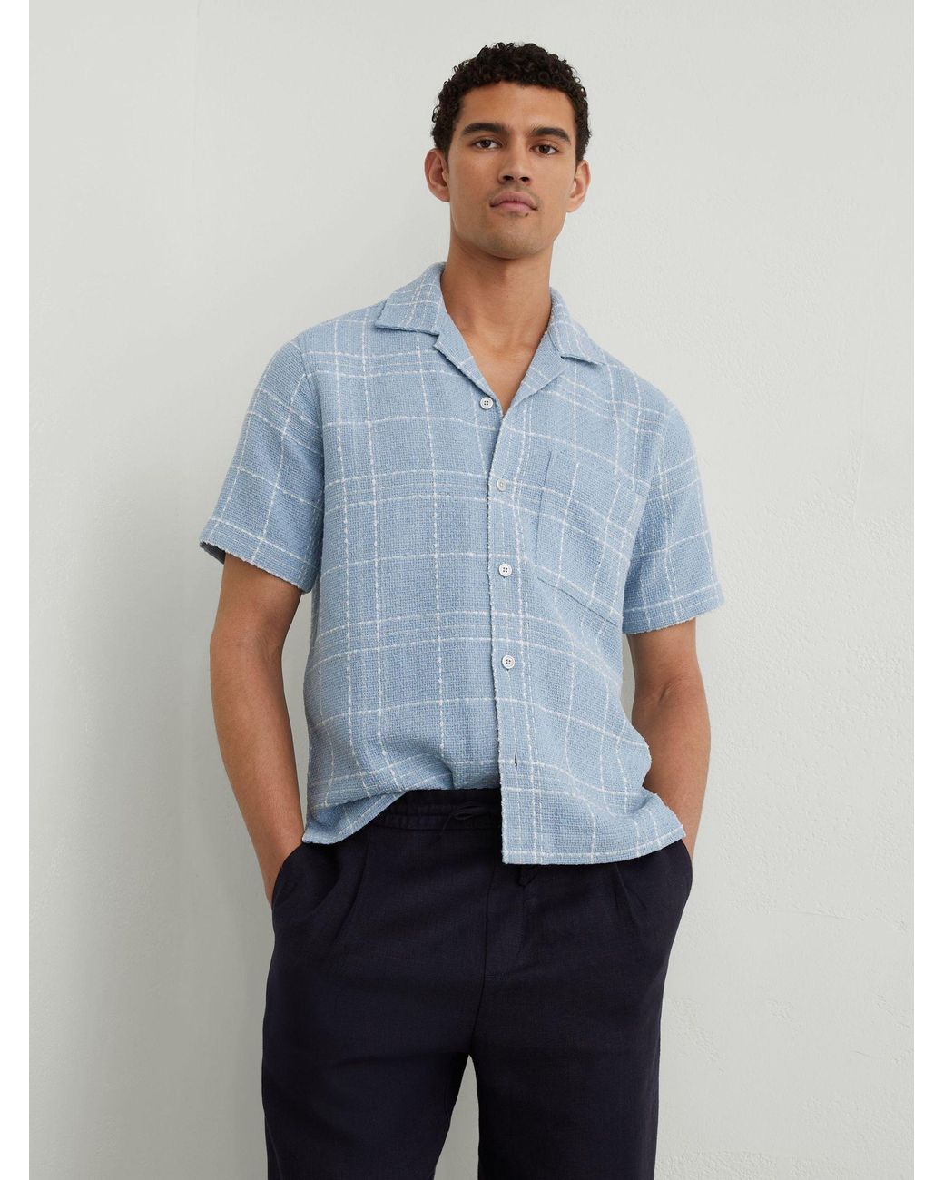Reiss Blue Soft & Textured Check Cuban-Collar Shirt With Cotton for men