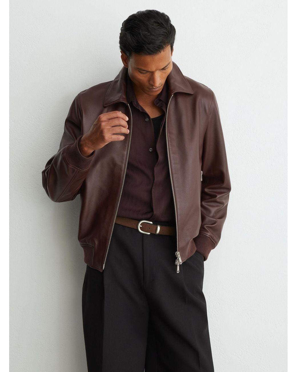 Reiss Brown Leather Zip-Through Collared Bomber Jacket for men