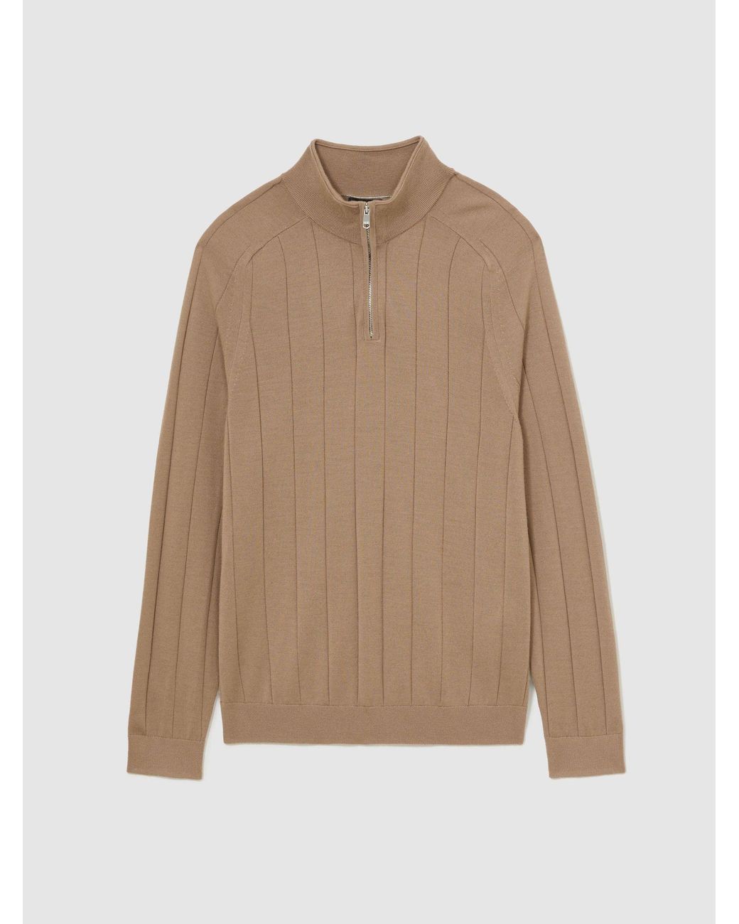 Reiss Findlay - Camel Brown Merino Wool Wide-rib Half-zip Jumper, L for men