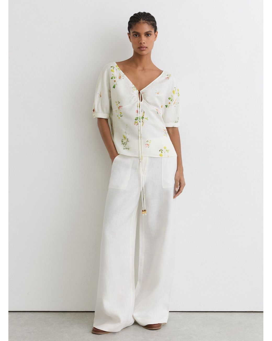 Reiss White Linen-Blend Floral-Print Top