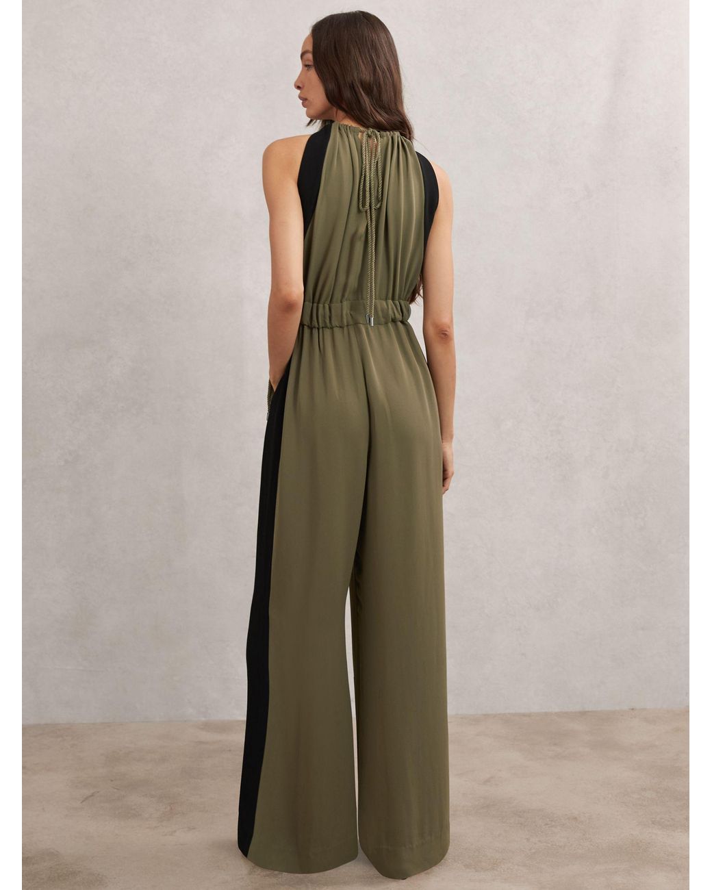 Reiss Green Color Block Gathered Wide-leg Jumpsuit