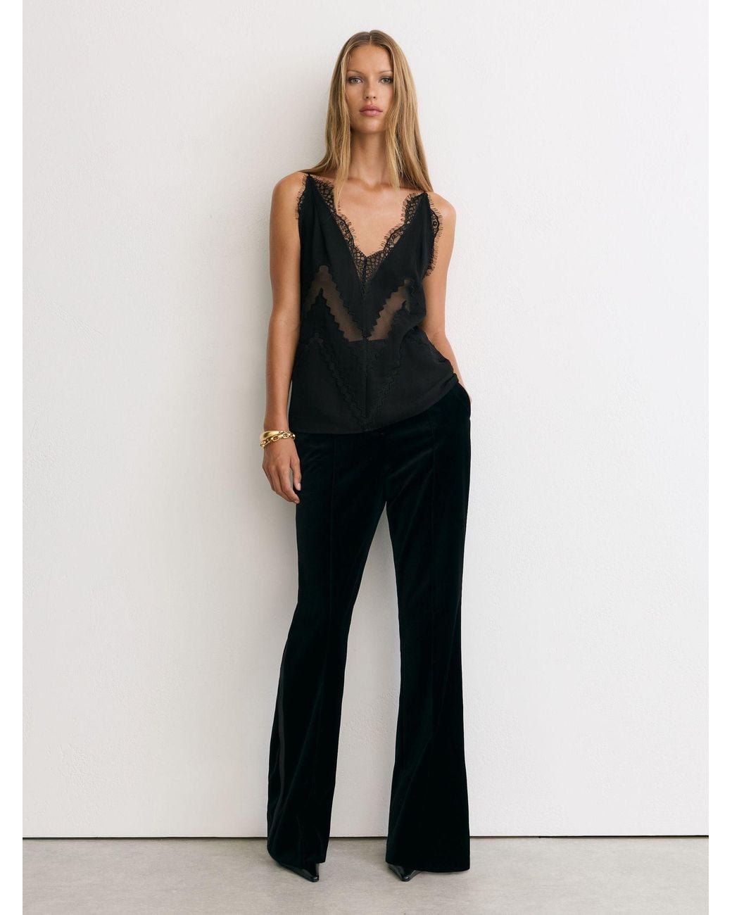 Reiss Black Lace-Trim Mesh-Detail Cami Top