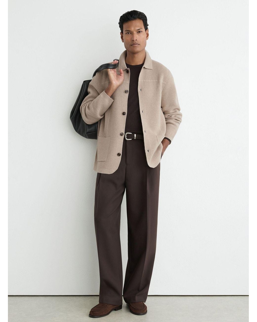 Reiss Natural Wool Collared Patch-Pocket Cardigan for men