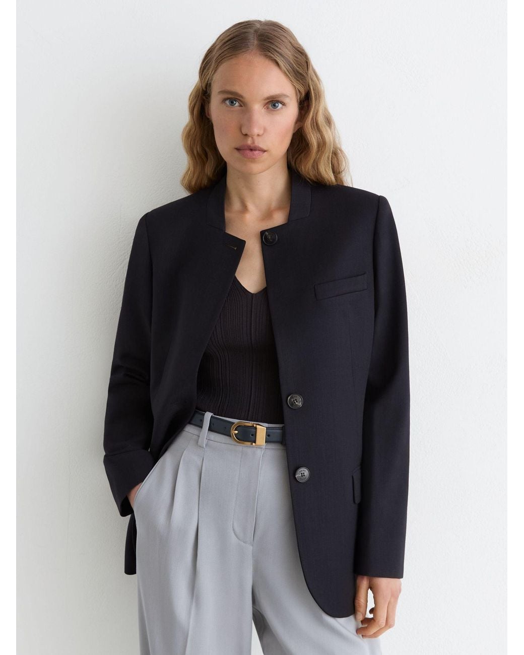 Reiss Black Wool-Blend Collarless Blazer