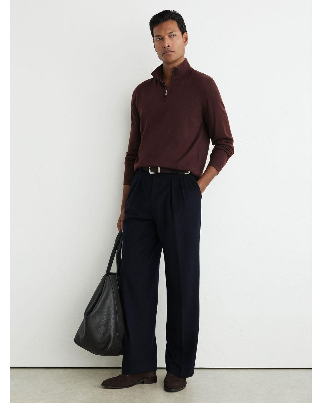 Reiss Brown Merino Wool Half-Zip Jumper for men