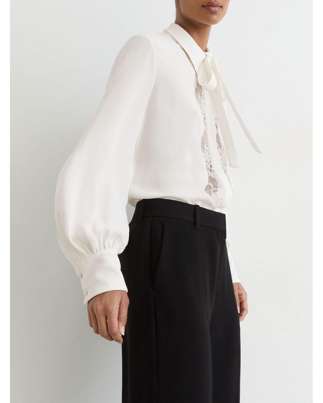 Reiss White Lace-Trim Tie-Neck Blouson Shirt