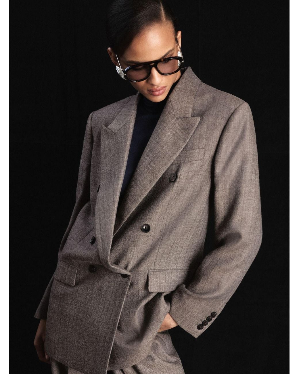ATELIER Black Wool Woven Relaxed Double-Breasted Blazer