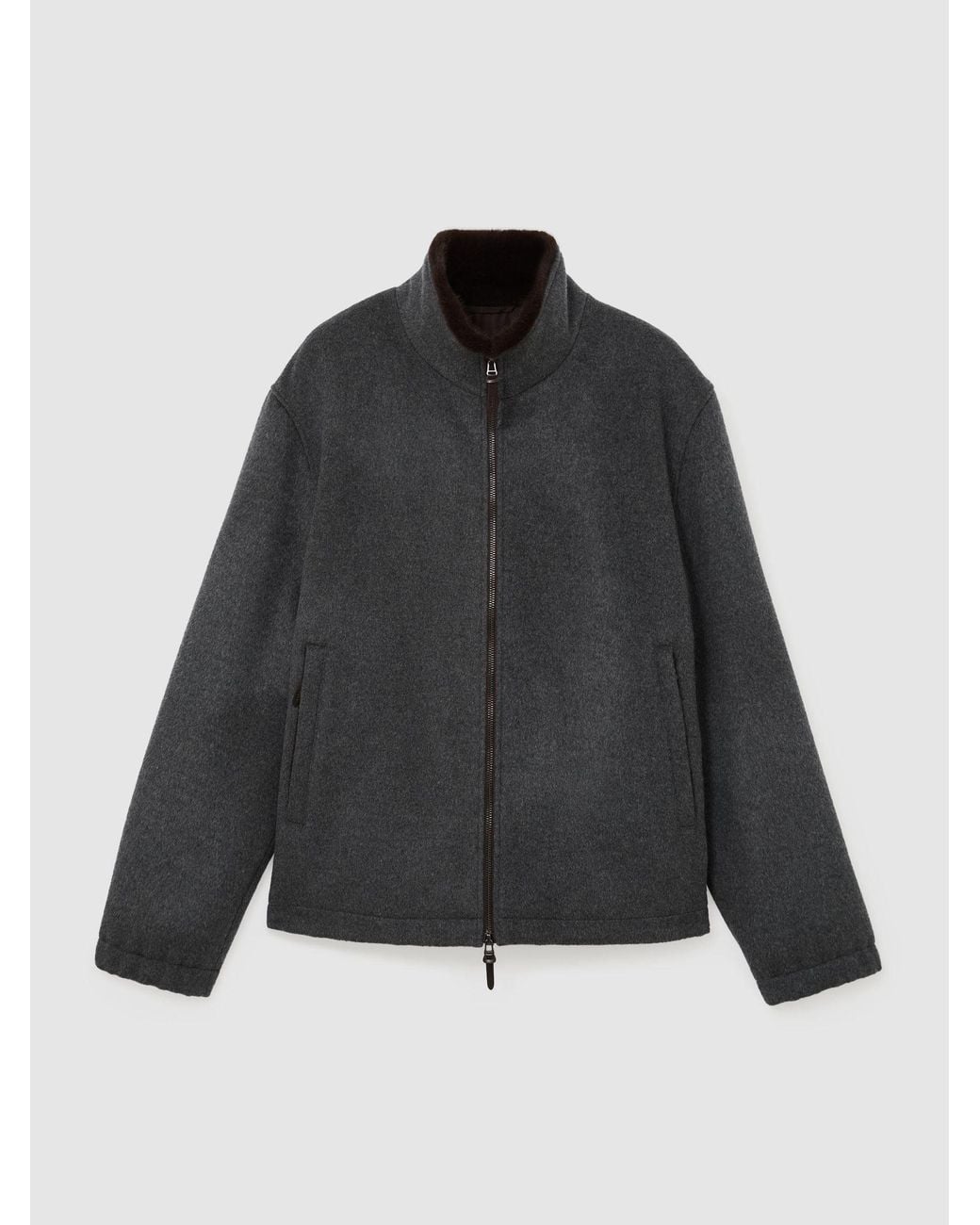 Reiss Black Wool-Blend Faux-Fur Trim Funnel Jacket for men