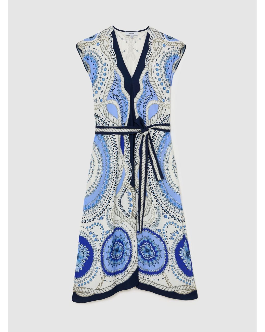 Reiss Heidi - Ivory/blue Scarf-print Belted Midi Dress, Us 14