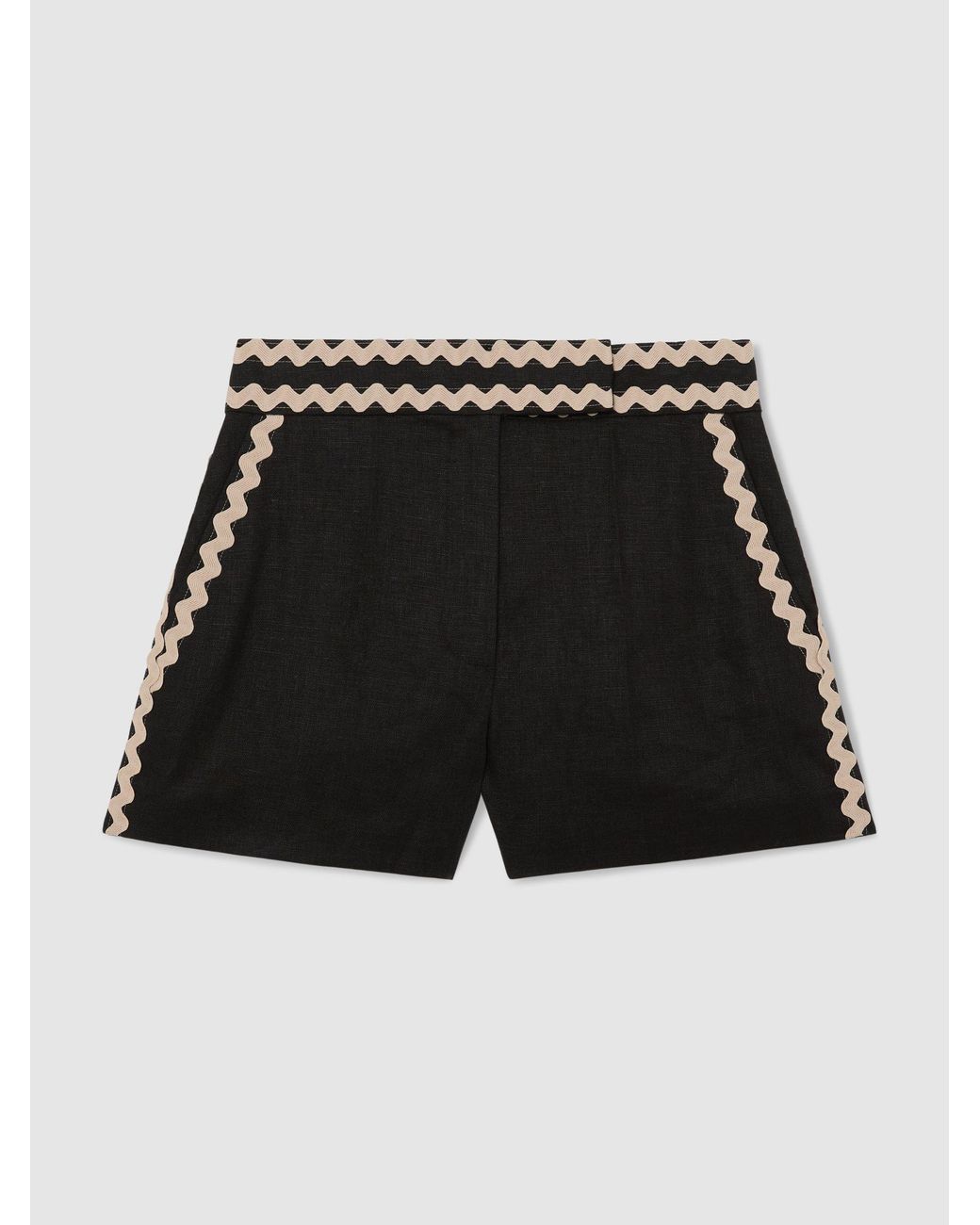 Reiss Natural Mila - Black Linen Wave-trim Shorts, Us 0