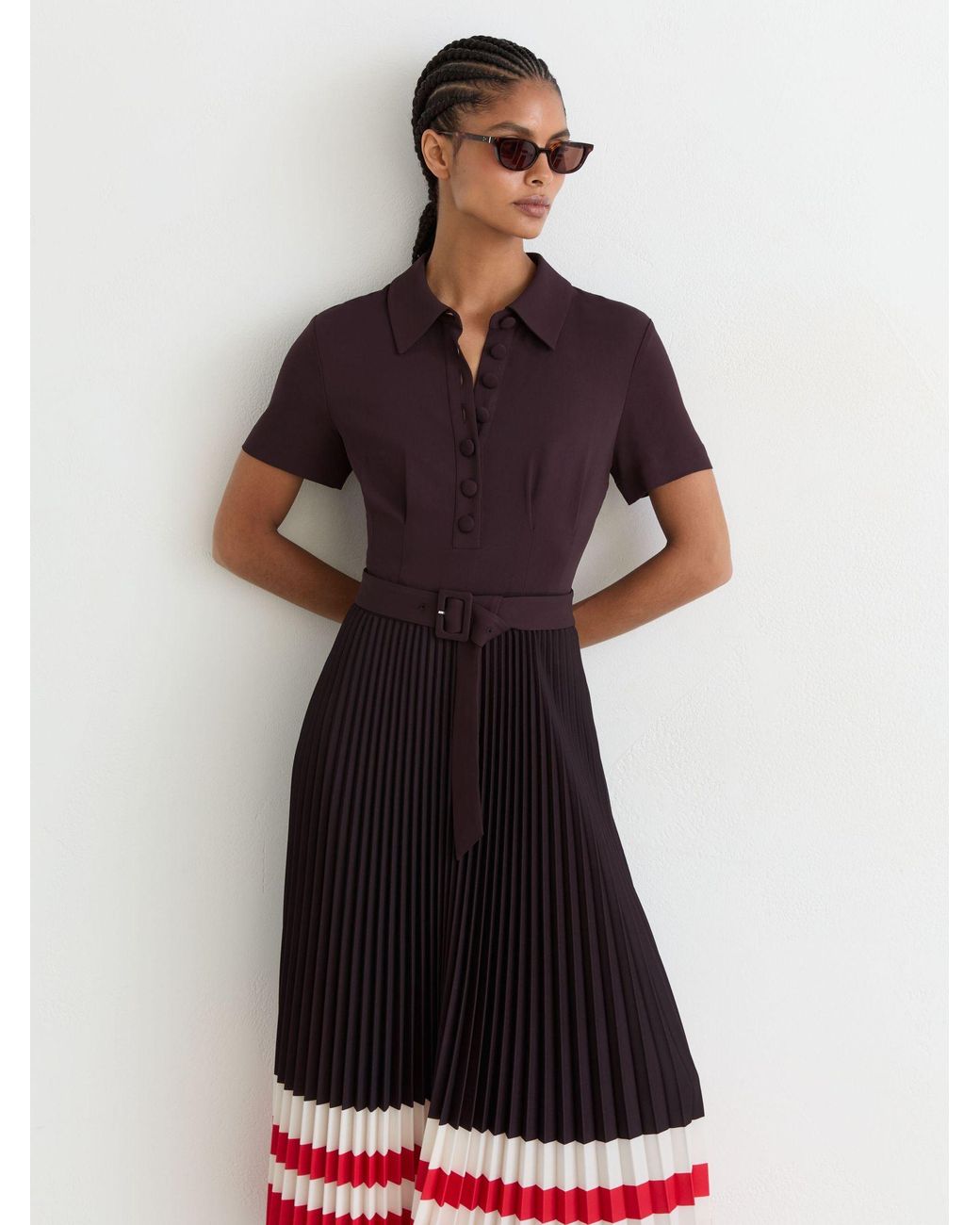 Reiss White Striped-Hem Pleated Midi Dress