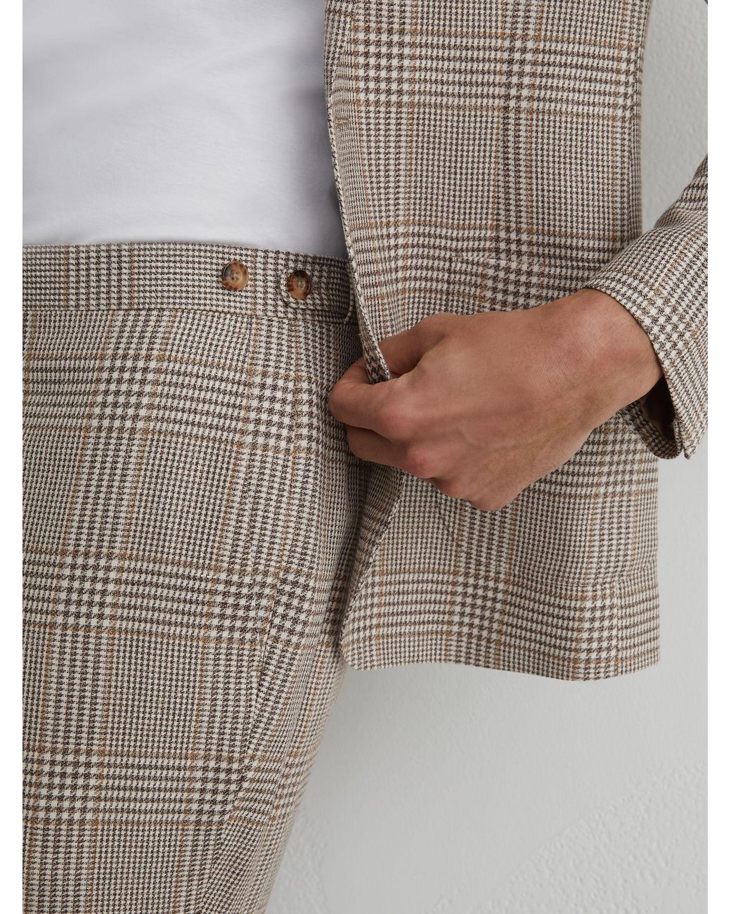 Reiss White Tailored Fit Linen-Wool Check Suit Trousers for men