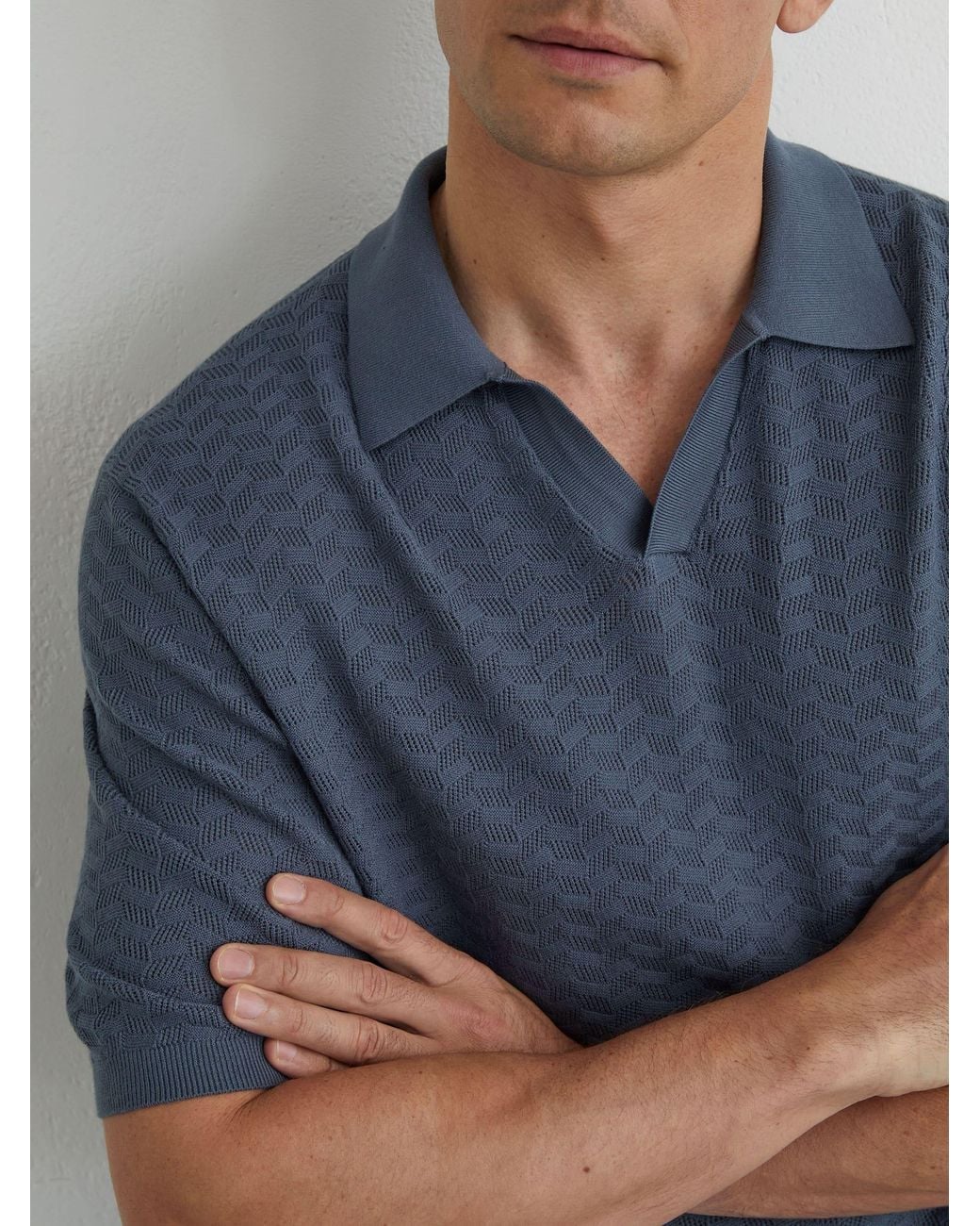 Reiss Blue Textured-Knit Open-Collar Polo Shirt for men