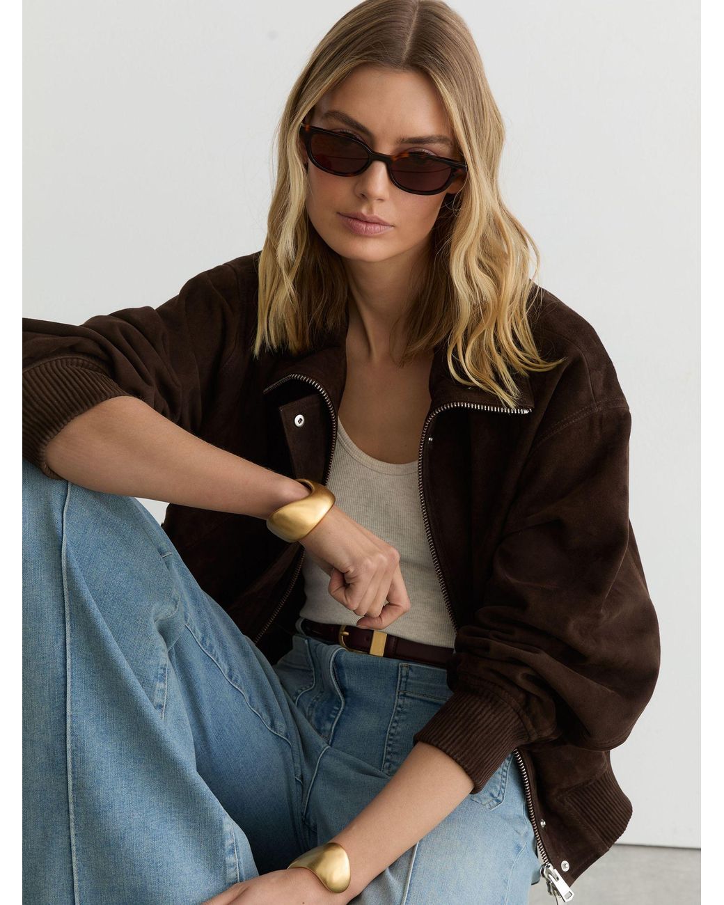 Reiss Natural Cara - Chocolate Brown Suede Funnel-neck Bomber Jacket, Us 14