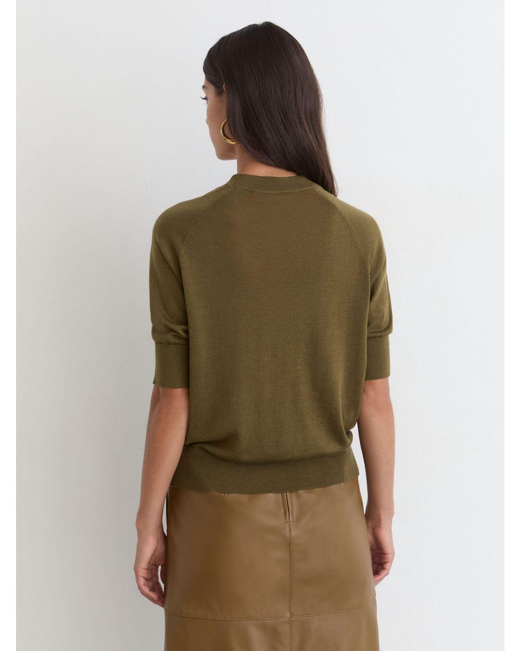 Reiss Suzzie - Khaki Green Ultra-soft Merino Wool Crew-neck T-shirt, L (us 12-14)