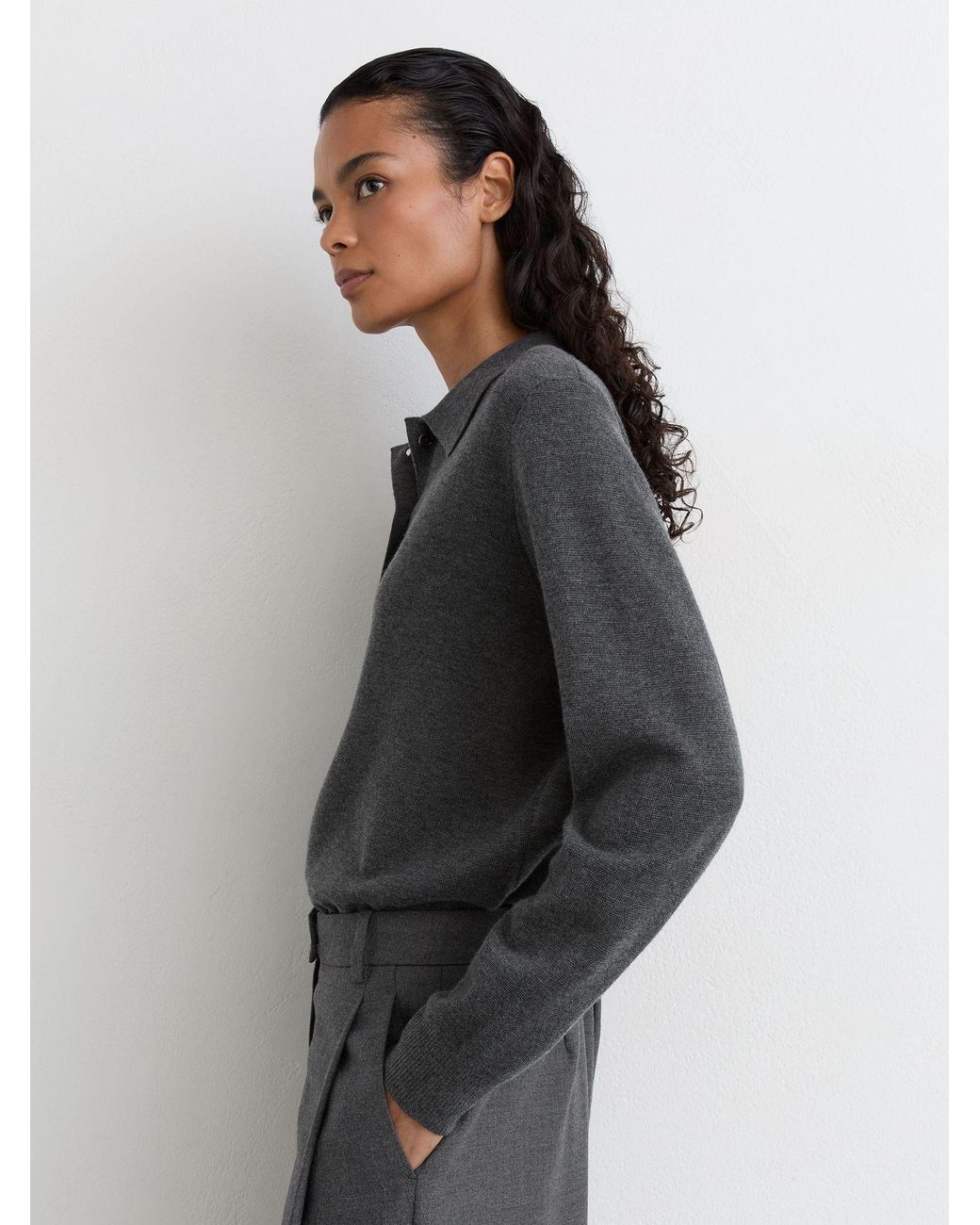 Reiss Gray Merino Wool Knitted Polo Jumper