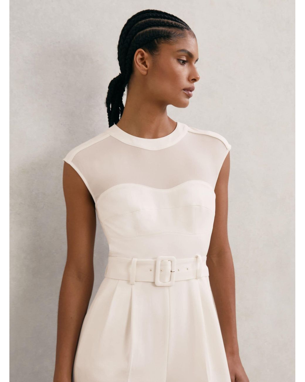 Reiss Natural Sheer-Panel Wide-Leg Belted Jumpsuit