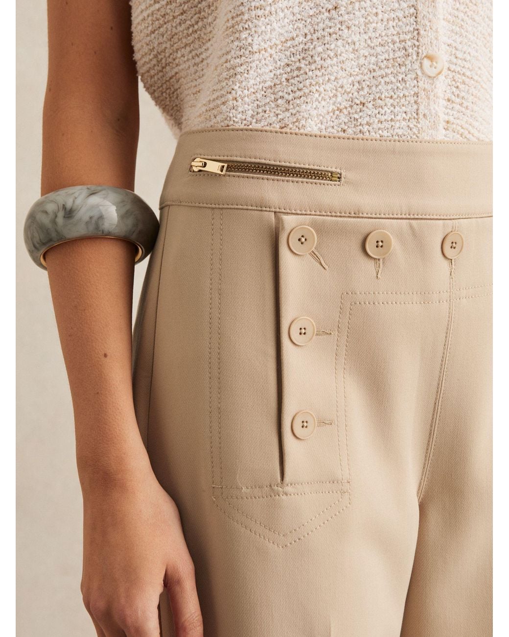 Reiss Natural Neutral Sidney Petite Button-Detail Wide-Leg Trousers