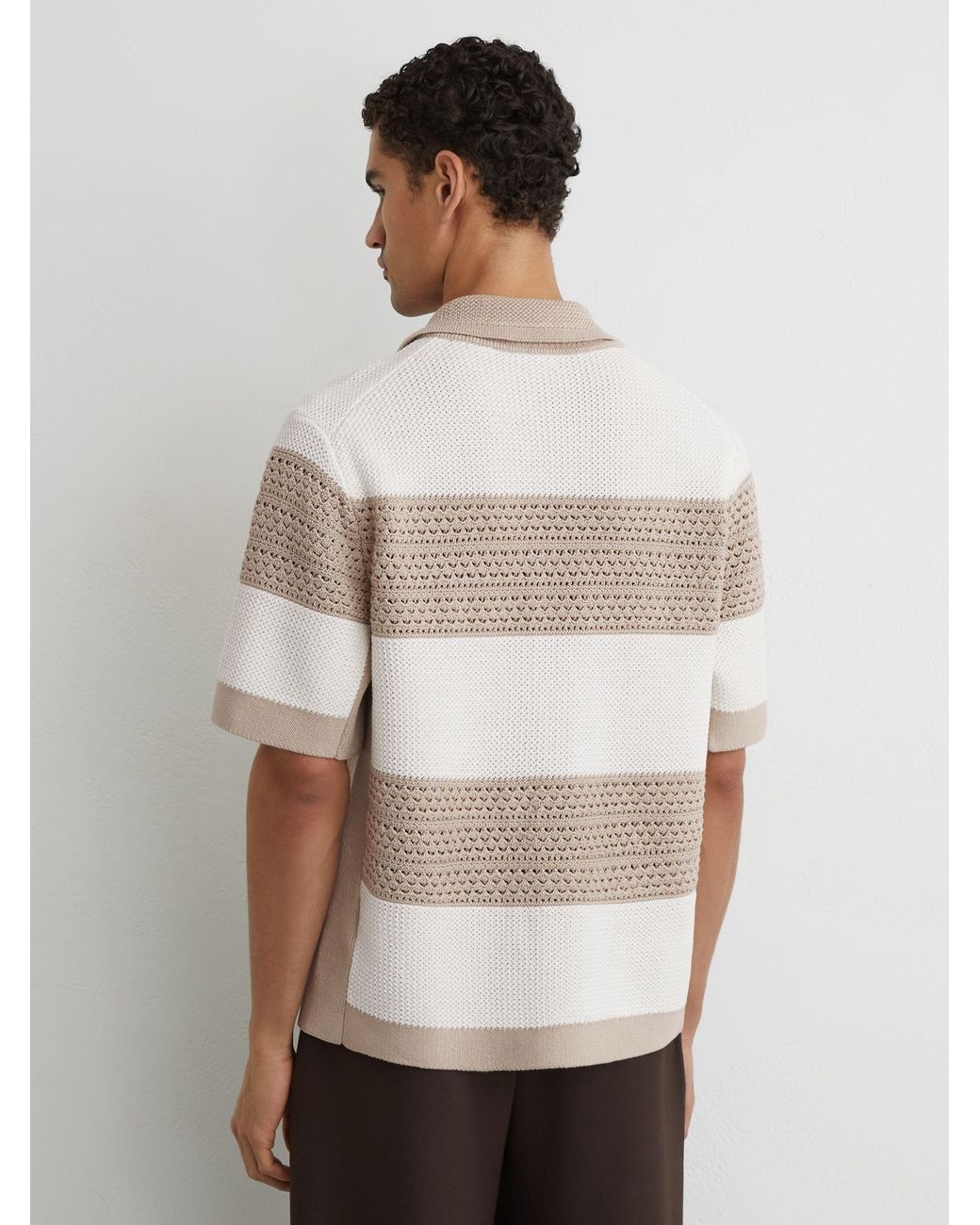 Reiss White Stone Cotton Block-Stripe Knitted Shirt for men