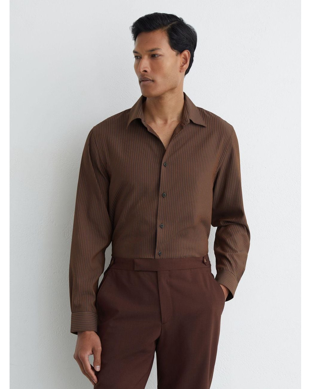 Reiss Pursue - Chocolate Brown Pinstripe Regular-fit Long-sleeve Shirt, L for men