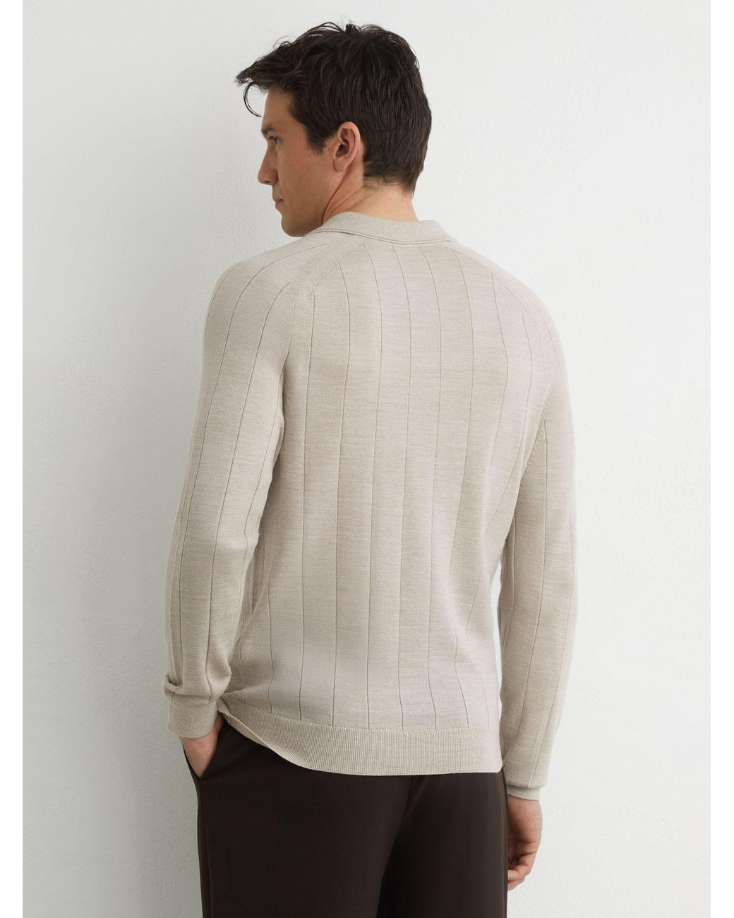 Reiss Natural Merino Wool Wide-Rib Polo Jumper for men