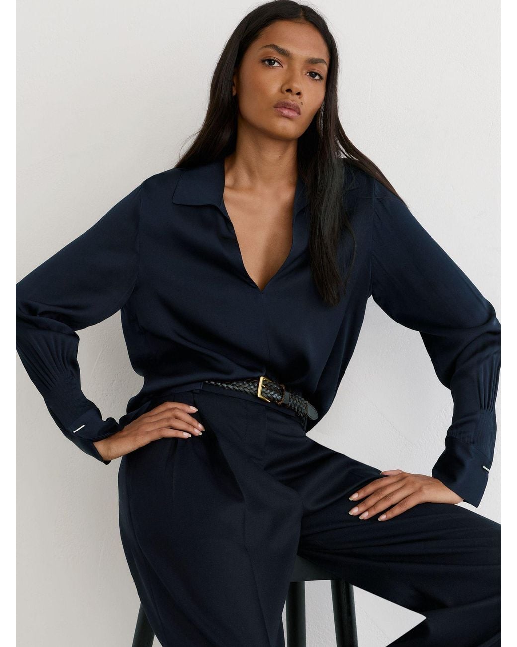 Reiss Blue Silk-Blend Open-Collar Shirt