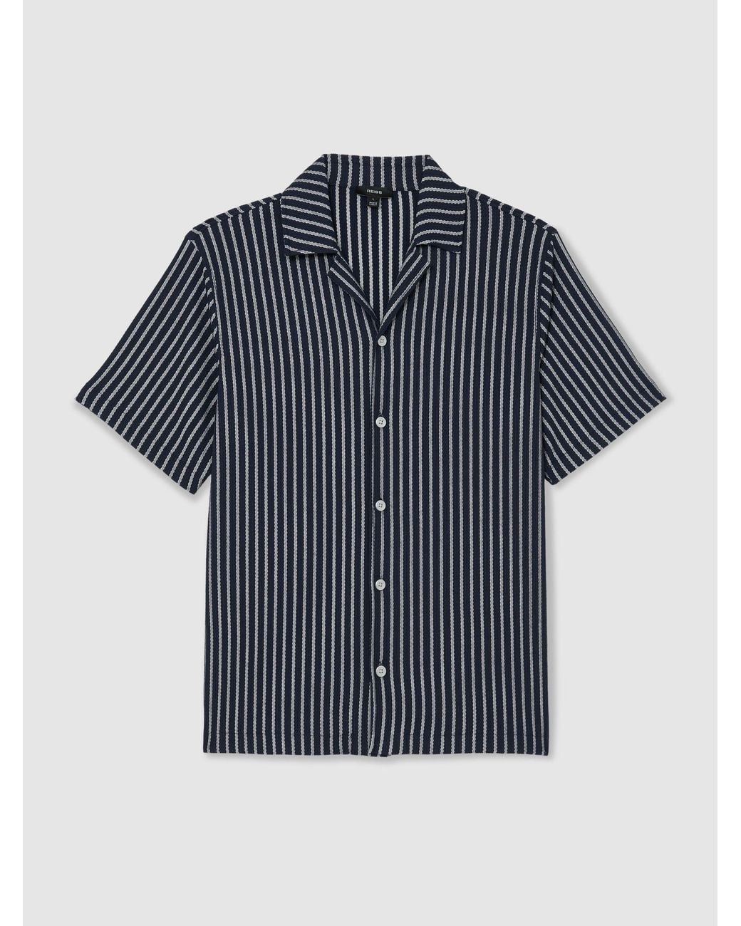 Reiss Blue Textured Stripe Cuban-Collar Shirt for men