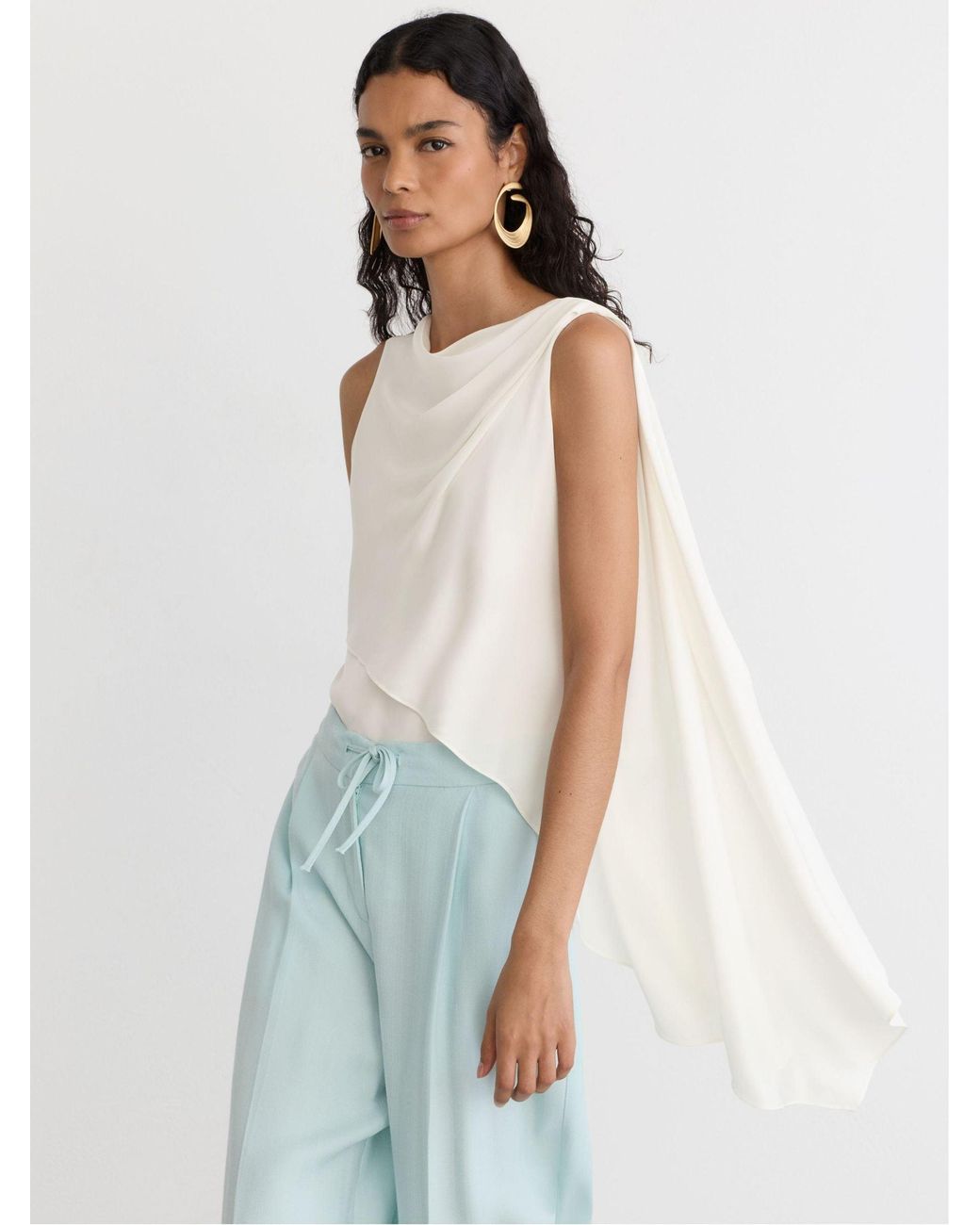 Reiss White Silk-Blend Draped Sleeveless Top