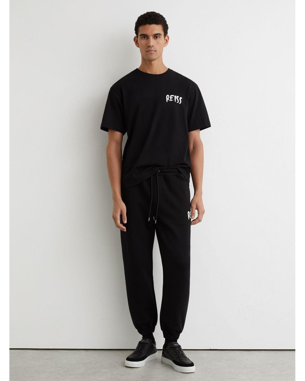 Reiss Edison - Black Cotton Logo-print Cuffed Joggers, L for men