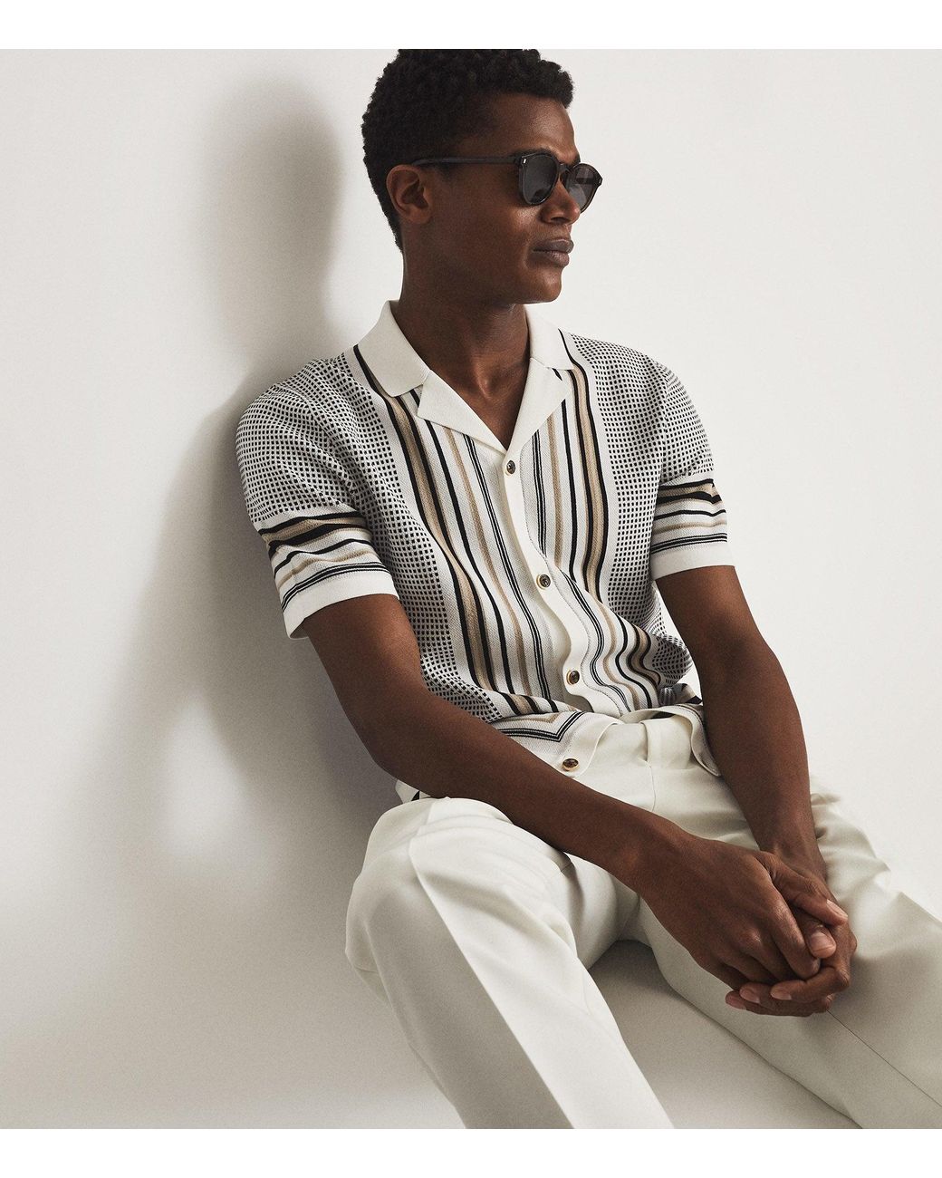 Knitted Cuban Collar Shirt in White for 