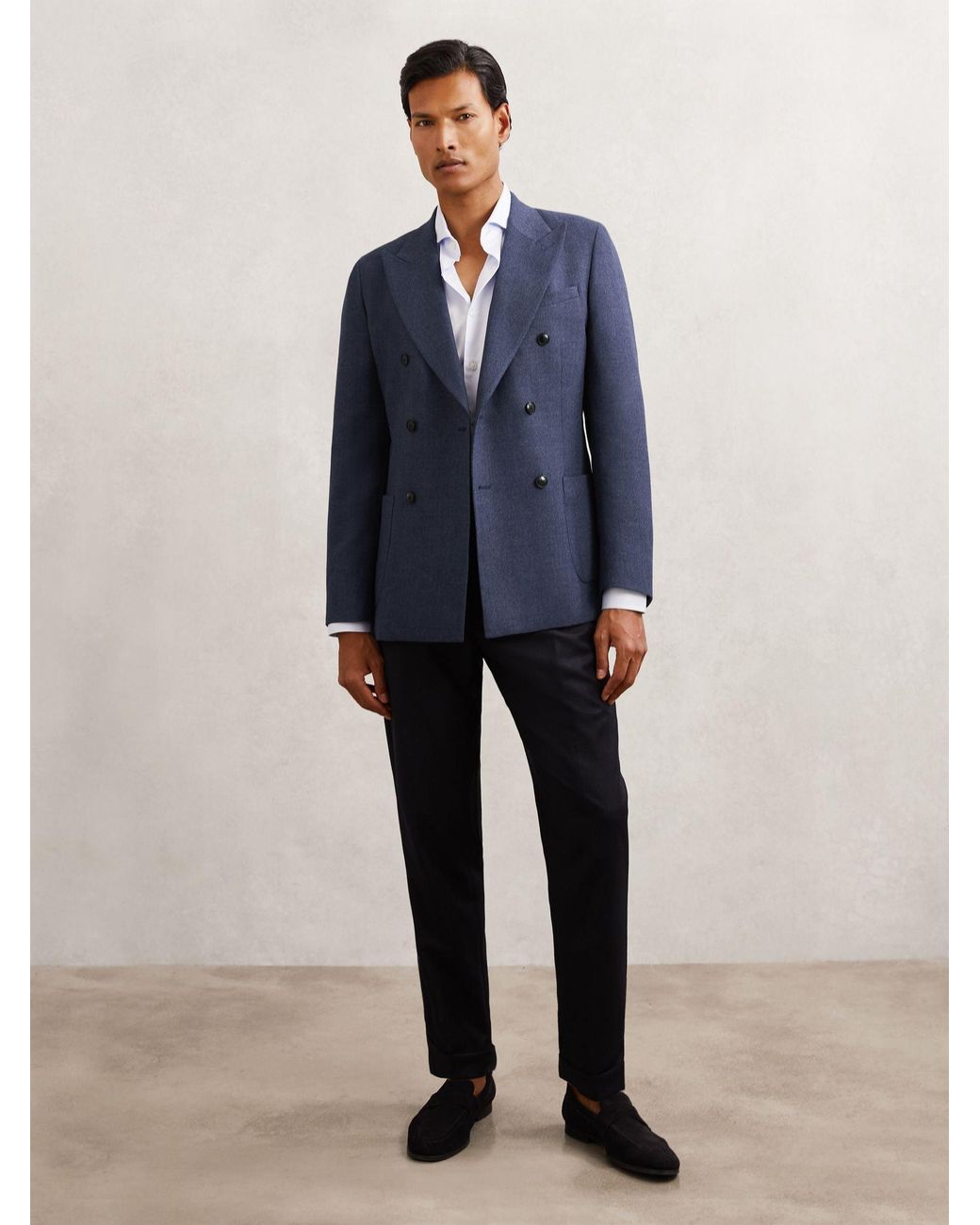 Reiss Blue Wool-Blend Double-Breasted Blazer Slim-Fit for men