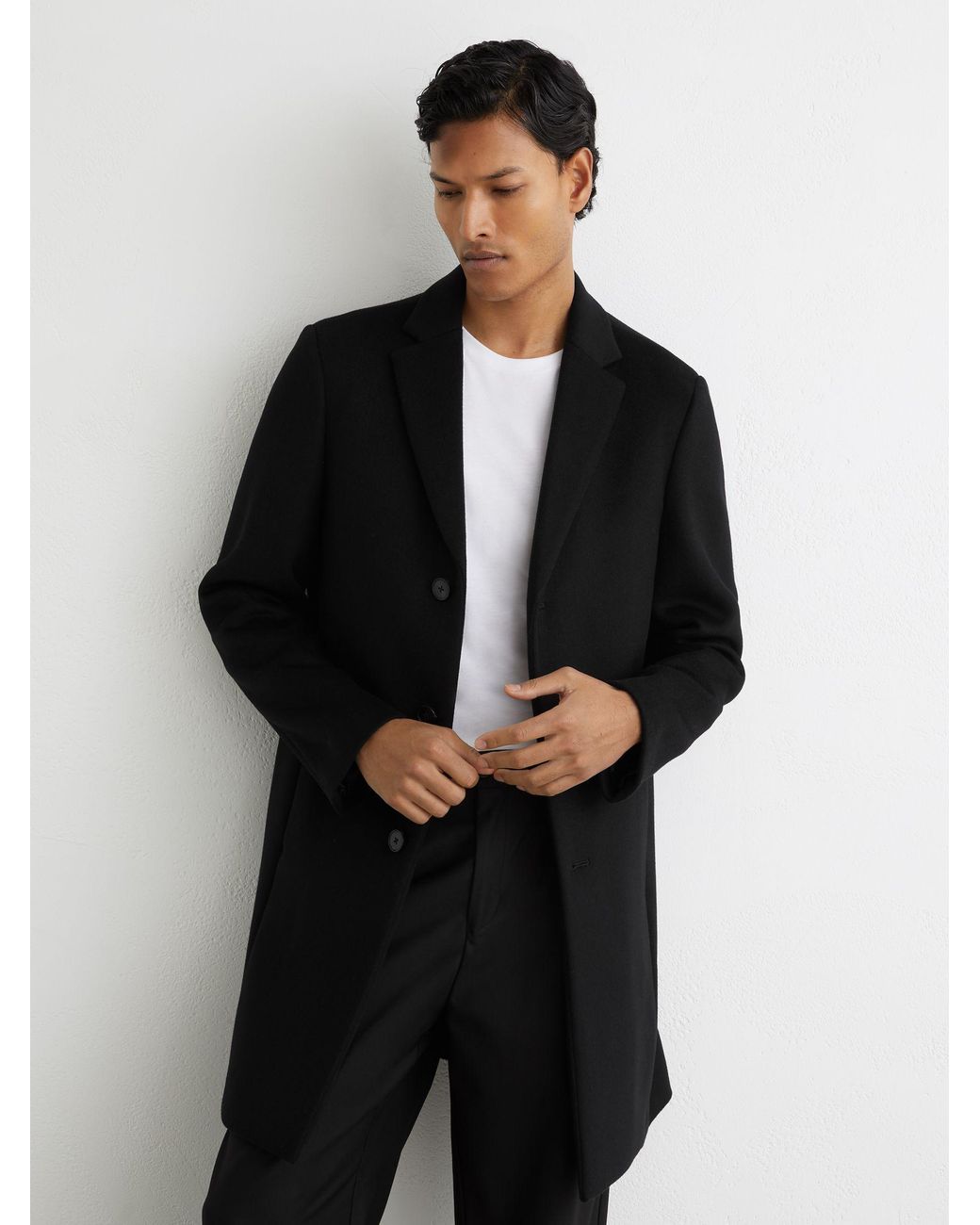 Reiss Black Gable Wool-Blend Single-Breasted Overcoat for men