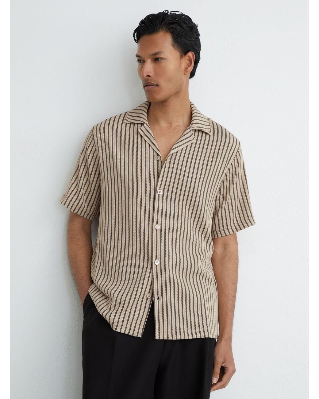 Reiss Gray Stone & Textured Stripe Cuban-Collar Shirt for men