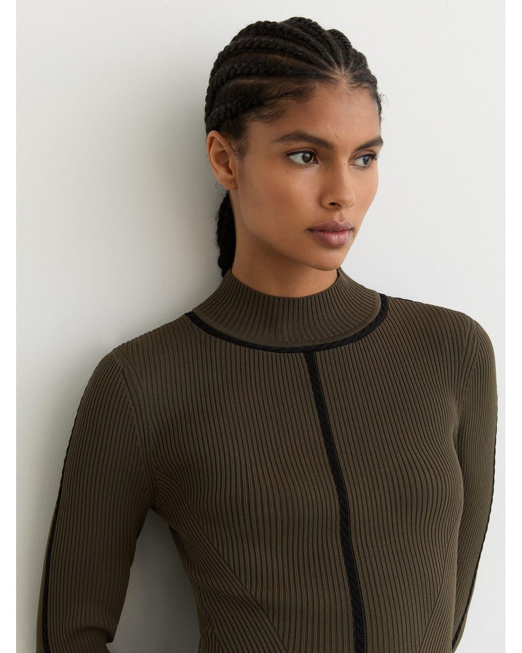 Reiss Natural Polly - Khaki Green Petite Contrast-stitch Knitted Midi Dress, S (us 4-6)