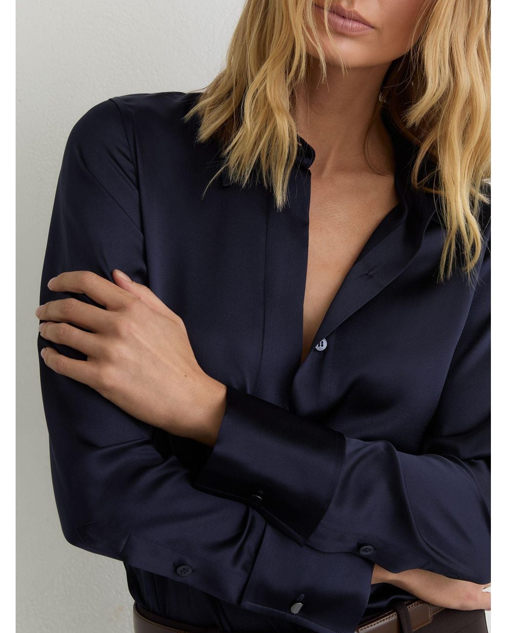 Reiss Blue Ameira - Navy Silk-satin Concealed-placket Shirt, Us 14
