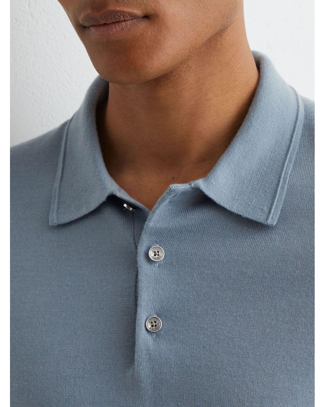 Reiss Blue Merino Wool Long-Sleeve Polo Shirt for men