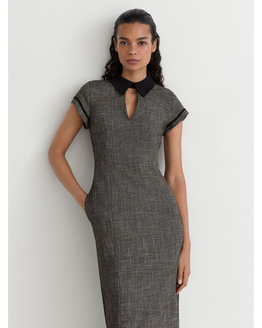 Reiss Gray Collared Fitted Midi Dress