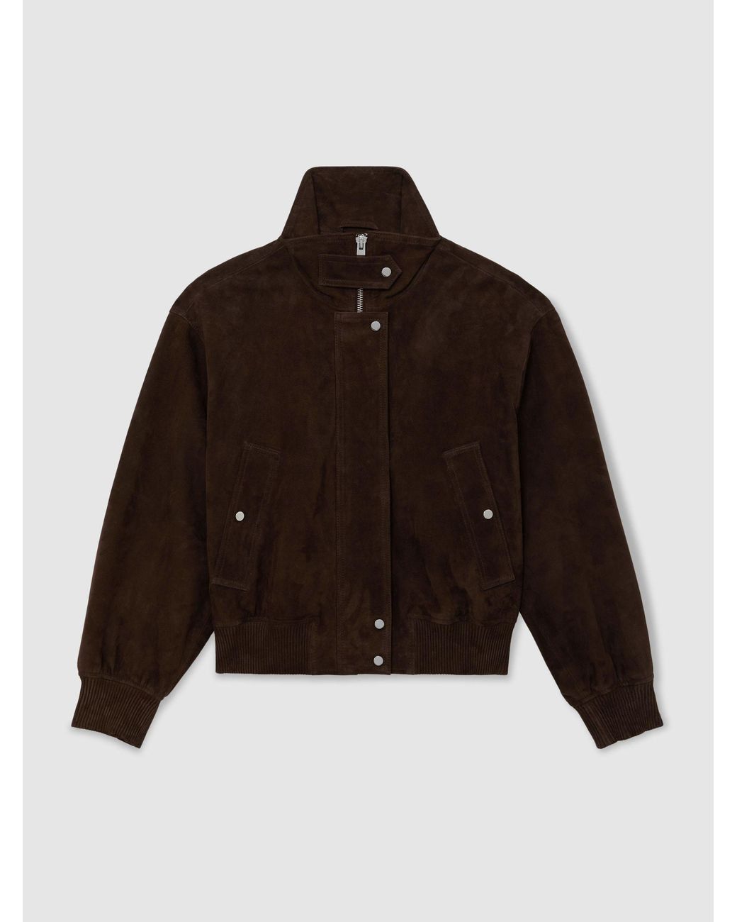 Reiss Natural Cara - Chocolate Brown Suede Funnel-neck Bomber Jacket, Us 14