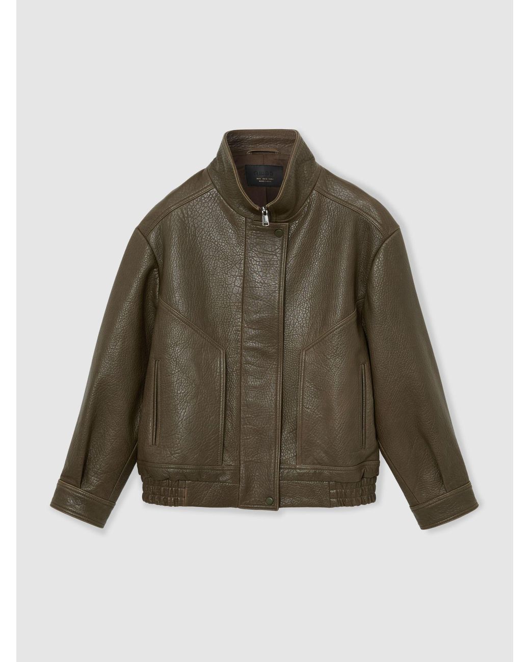 Reiss Brown Kiara - Khaki Green Oversized Grained-leather Bomber Jacket, Us 8