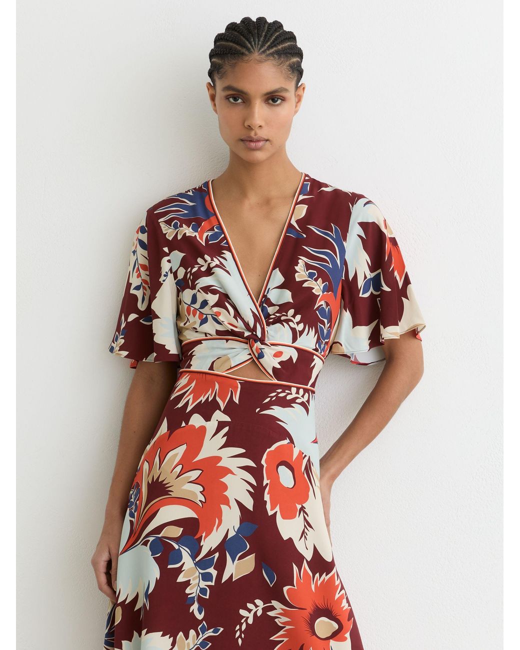 Reiss White Floral-Print Cut-Out Midi Dress