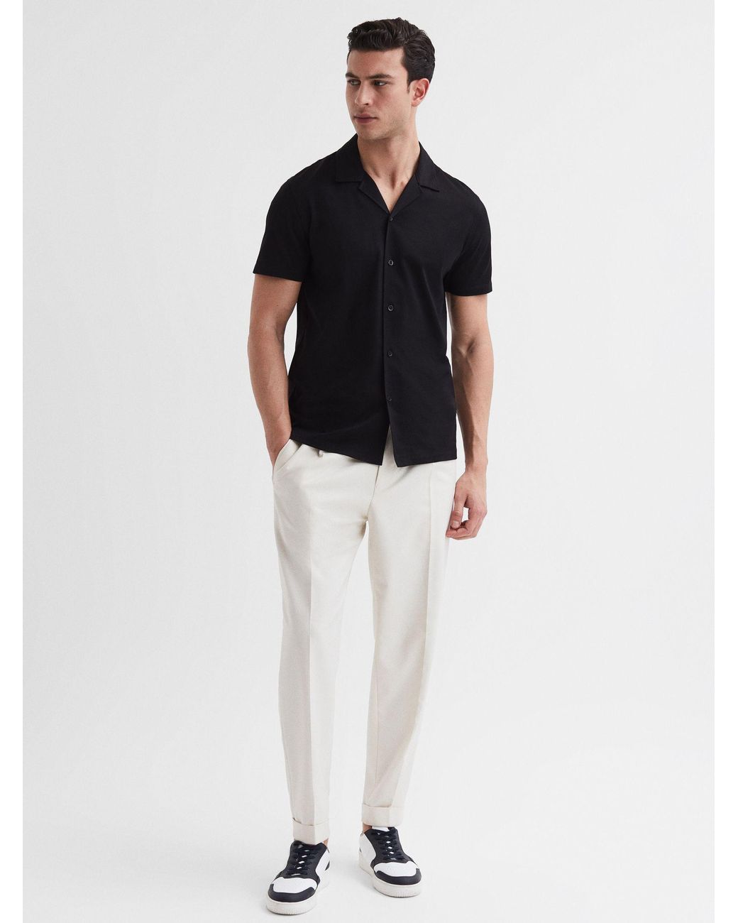 Reiss Caspa - Black Mercerised Jersey Cuban Collar Shirt, S for men