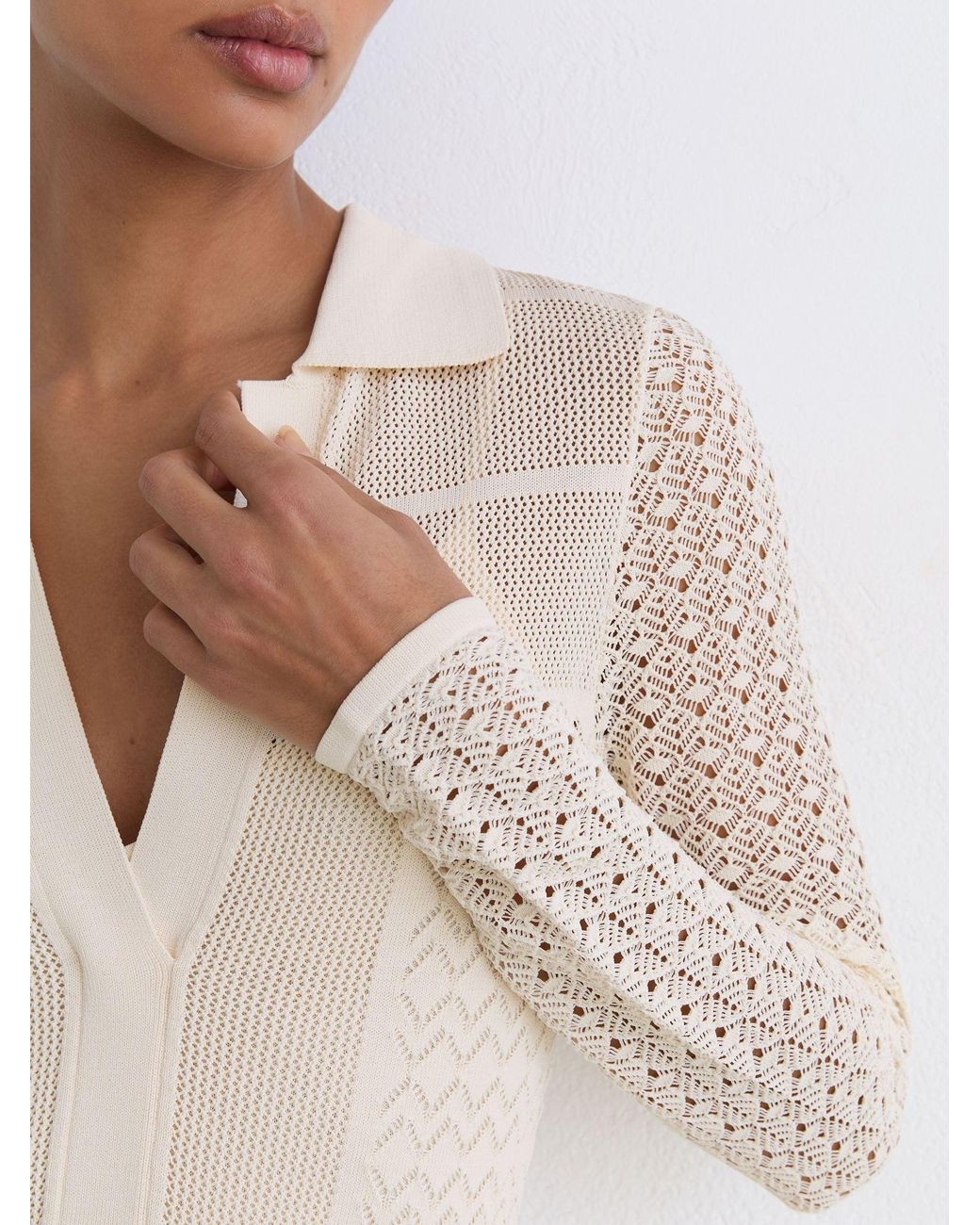 Reiss White Pointelle-Knit Panelled Midi Dress