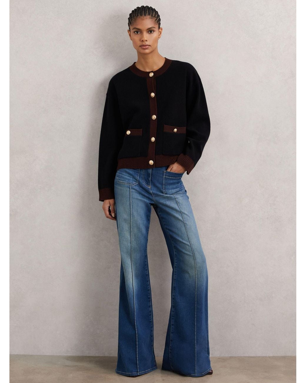 Reiss Blue Burgundy & Wool-Cashmere Tipped Cardigan