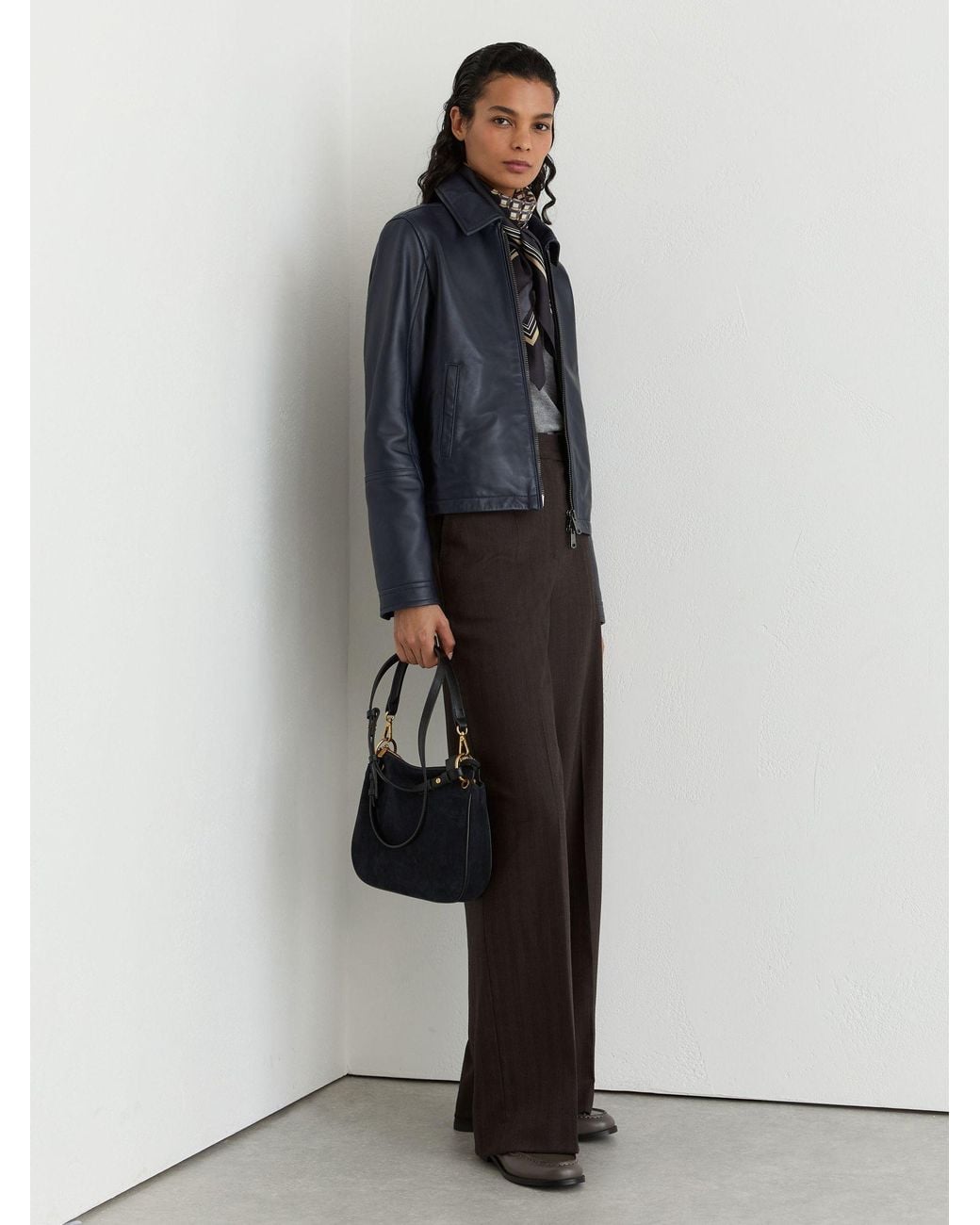 Reiss Gray Petite Leather Zip-Through Moto Jacket