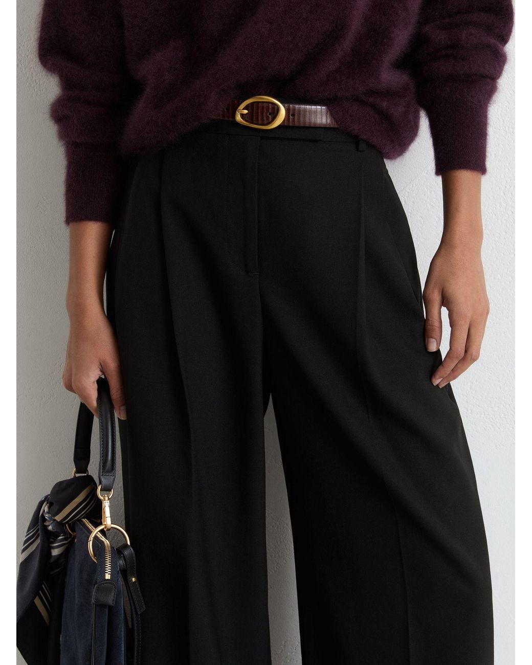 Reiss Black Wool-Blend Wide-Leg Pleated Trousers