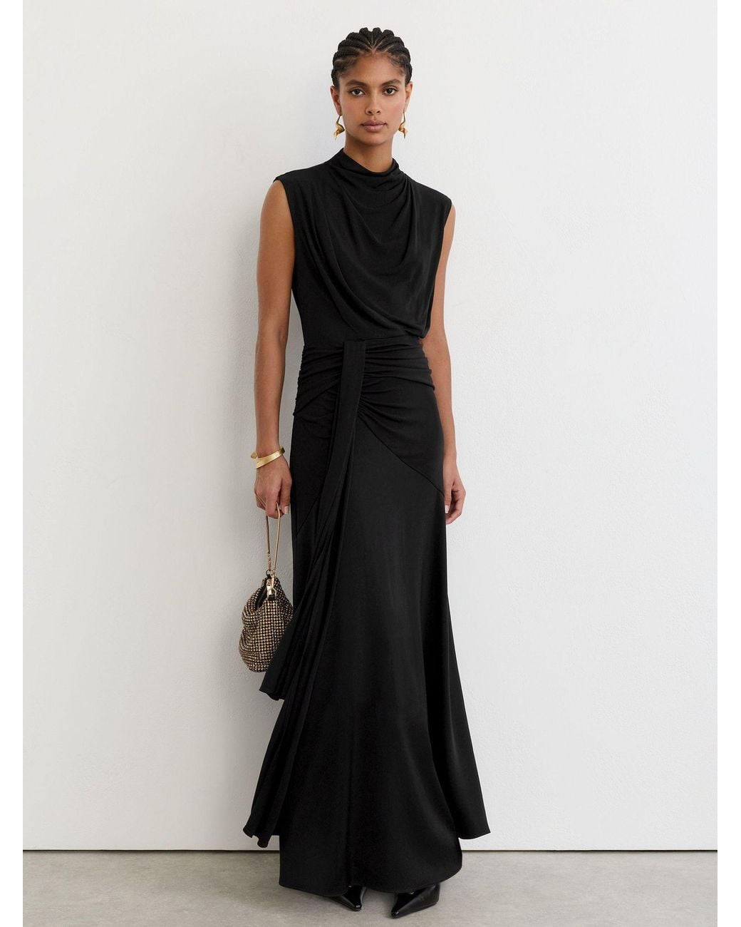 Reiss Black Draped High-Neck Sleeveless Maxi Dress